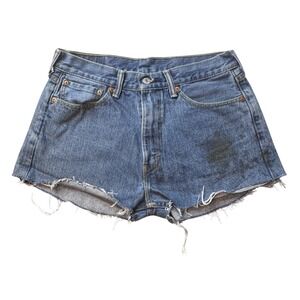 Levi's‎ 505 Shorts Womens 32 Blue Regular Fit Cut Off Denim Distressed Stained